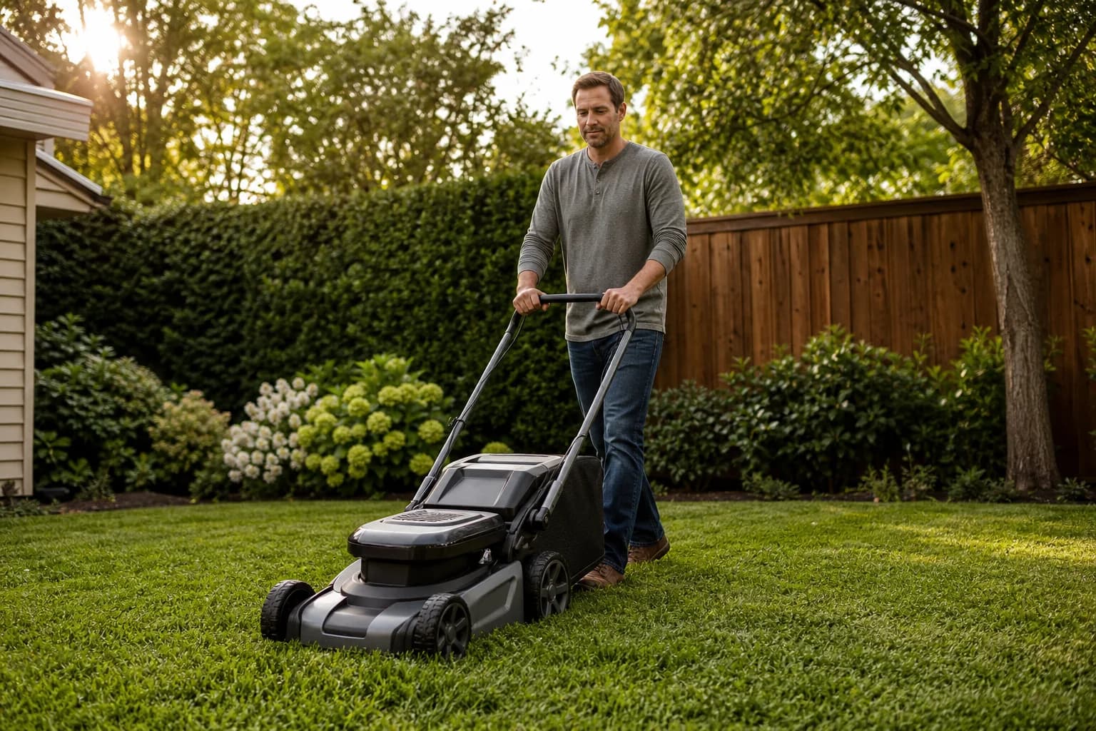 Self-propelled lawn mower in a backyard